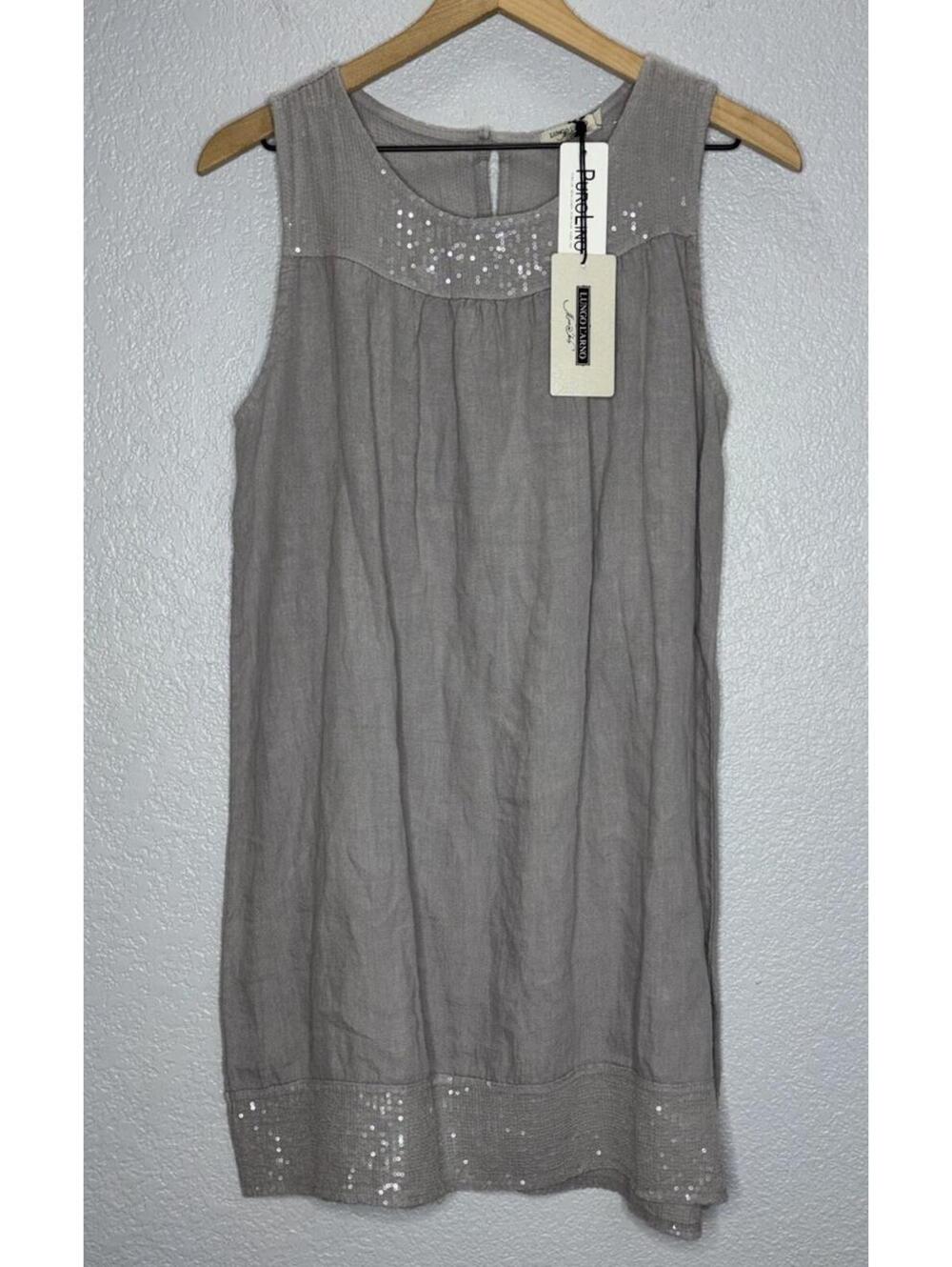 Lungo L'arno Gray 100% Linen Shift Dress Medium Italy Sequin